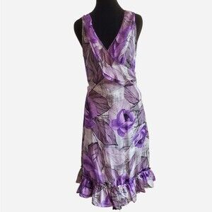 Intrend by Max Mara Sheer Silk Purple Floral Wrap Midi Dress Size 10 Cocktail
